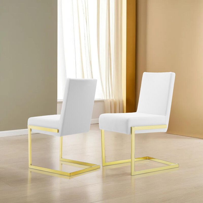 19 Inch Dining Chair, Set of 2, White Vegan Leather, Gold Cantilever Base-Benzara