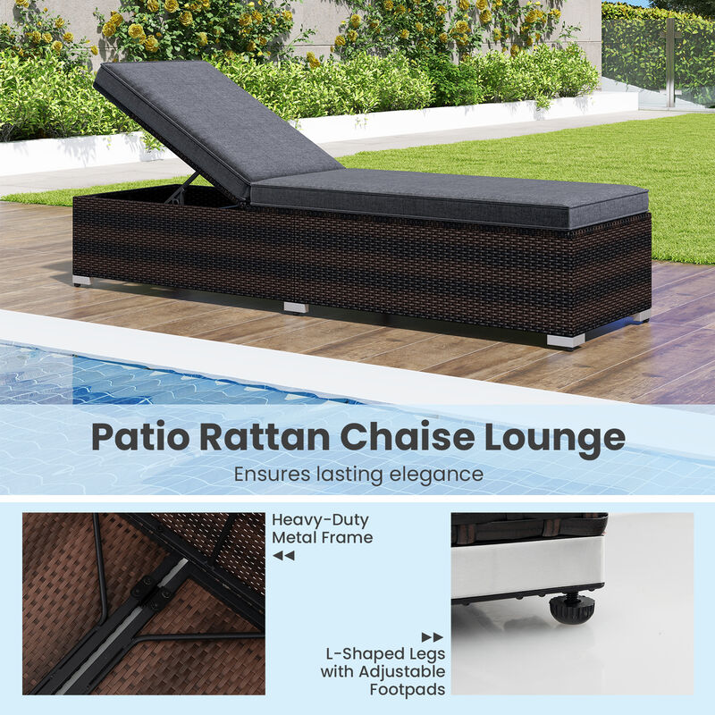 Patio Wicker Lounge Chair with 4-Level Adjustable Backrest and Long Seat Cushion