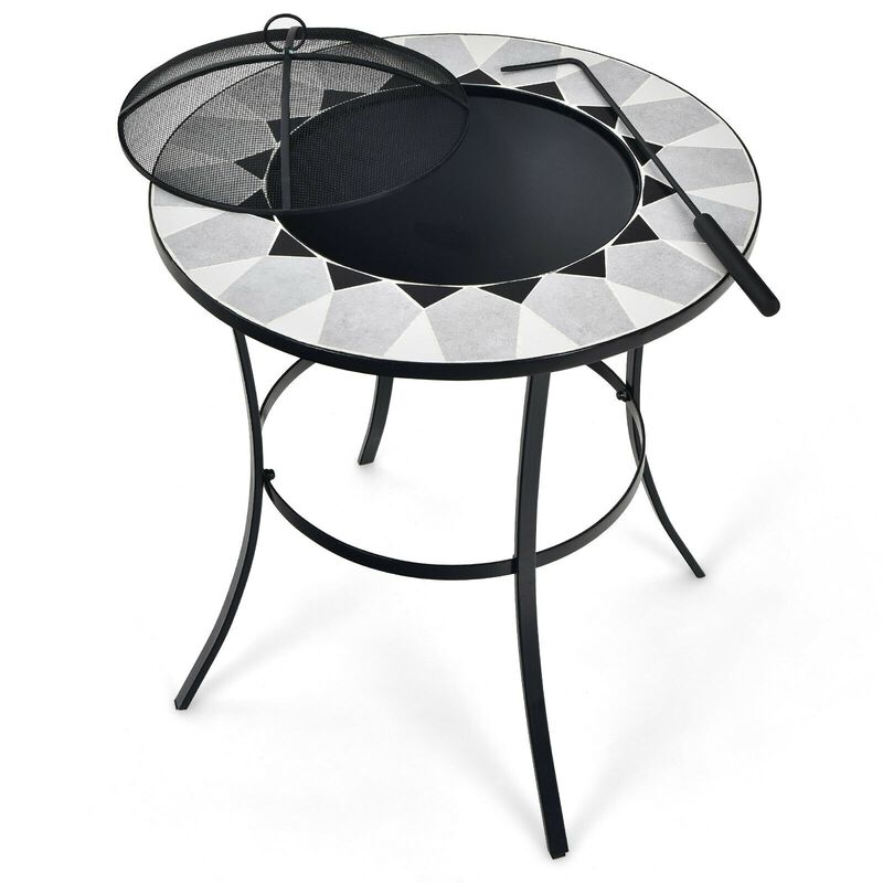 23.5 Inches Round Fire Pit Table with Mesh Cover and Fire Poker