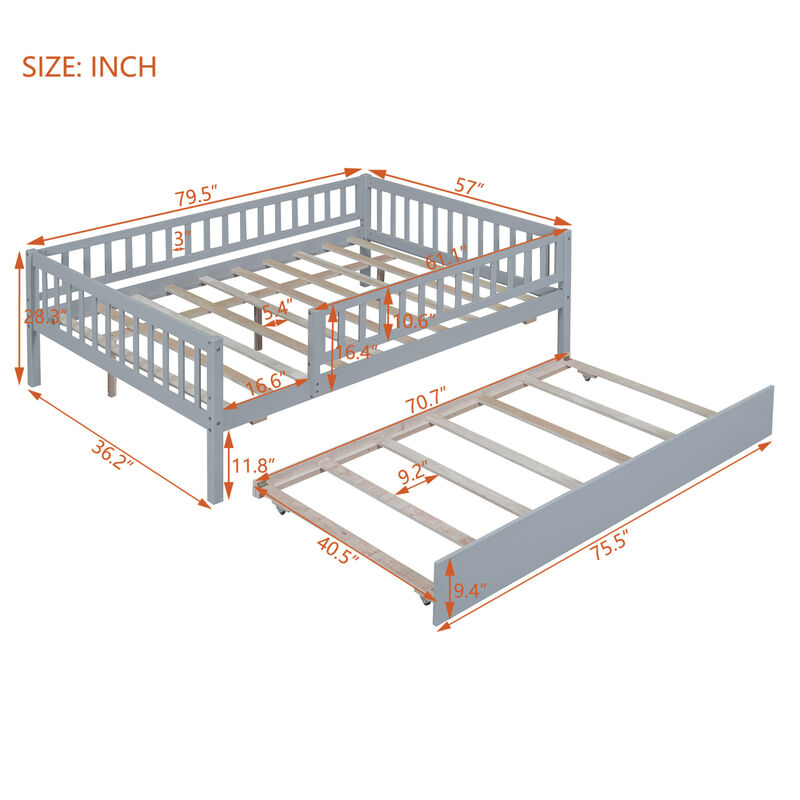Full Size Wood Daybed With Trundle And Fence Guardrails