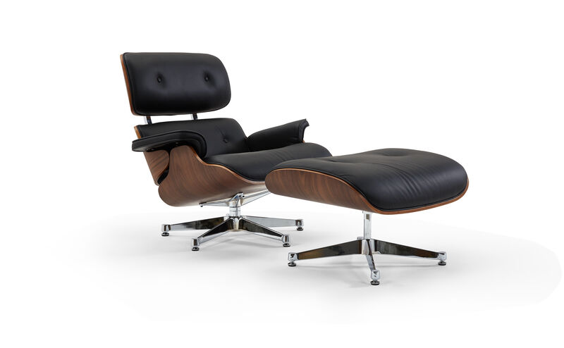 Pasargad Home Portfino Leather Lounge Chair with Ottoman (Black)