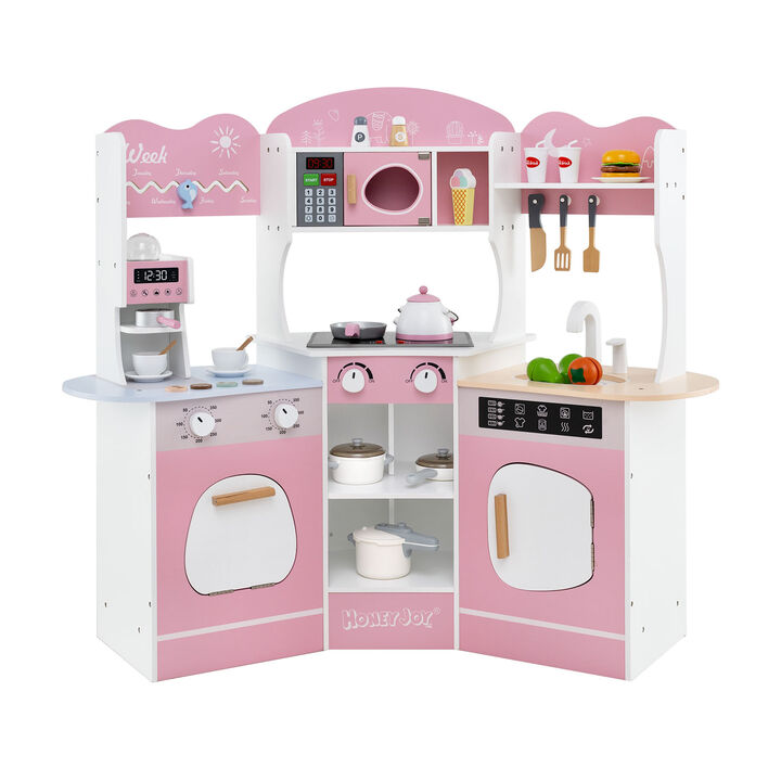 Corner Wooden Play Kitchen with Coffee Machine and Slide Fun Playset for Kids
