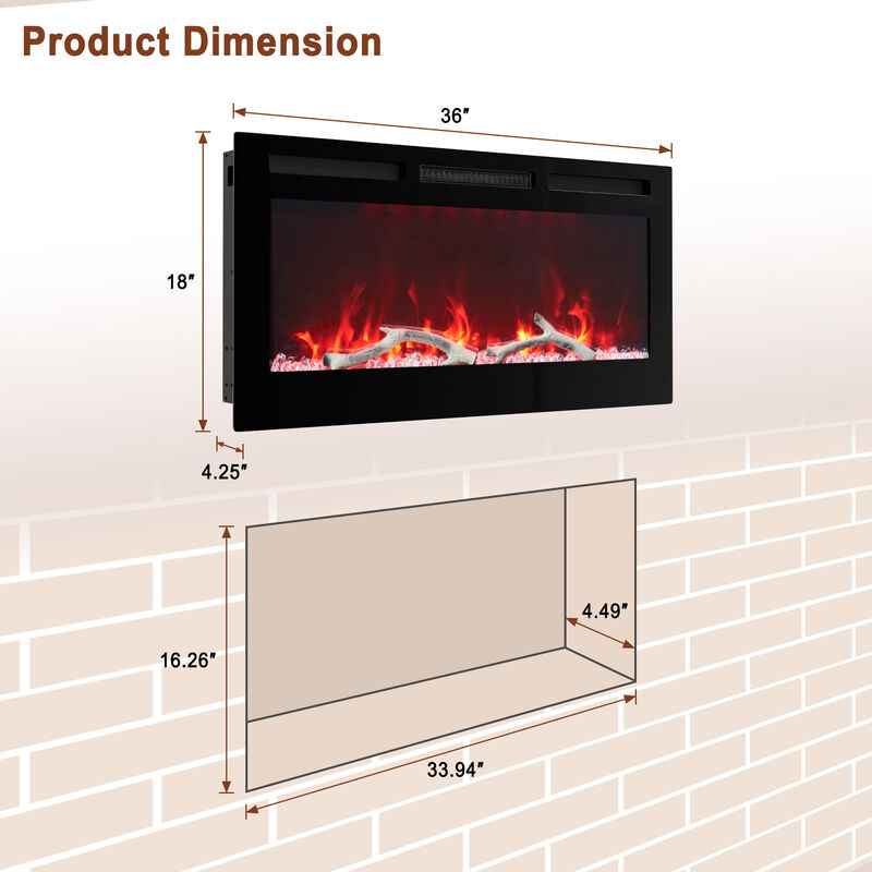 MONDAWE 36" Wall-Mounted Recessed Electric Fireplace 4780 BTU Heater with Remote Control Adjustable Flame Color & Temperature Setting