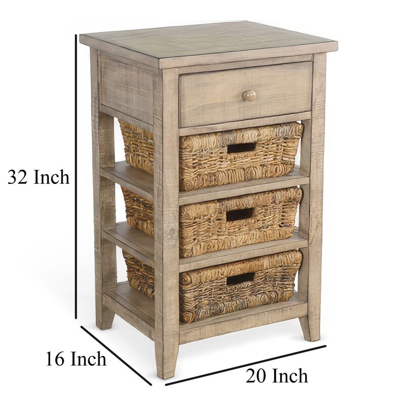 Rena End Table, 3 Natural Rattan Storage Baskets, 20 Inch Brown Wood - Benzara