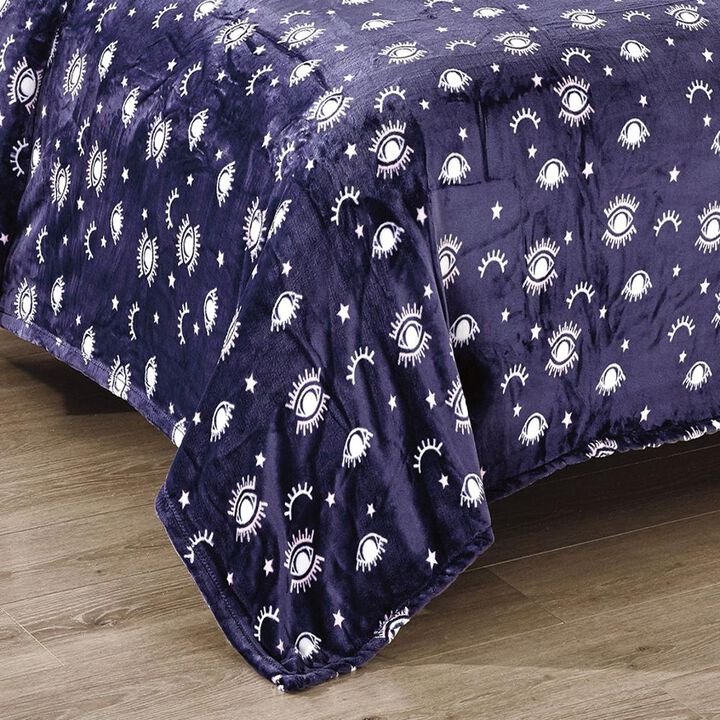 Plazatex Evil Eye Design Micro Plush All Season Blanket Queen Navy