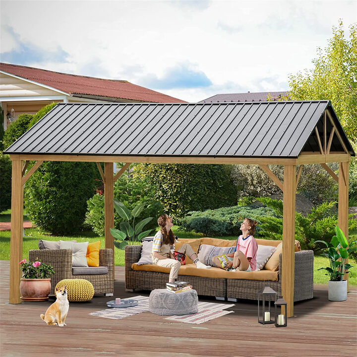 MONDAWE 12x14ft Hardtop Gazebo Outdoor Aluminum Gazebo with Galvanized Steel Gable Canopy for Patio Decks Backyard (Yellow-Brown)