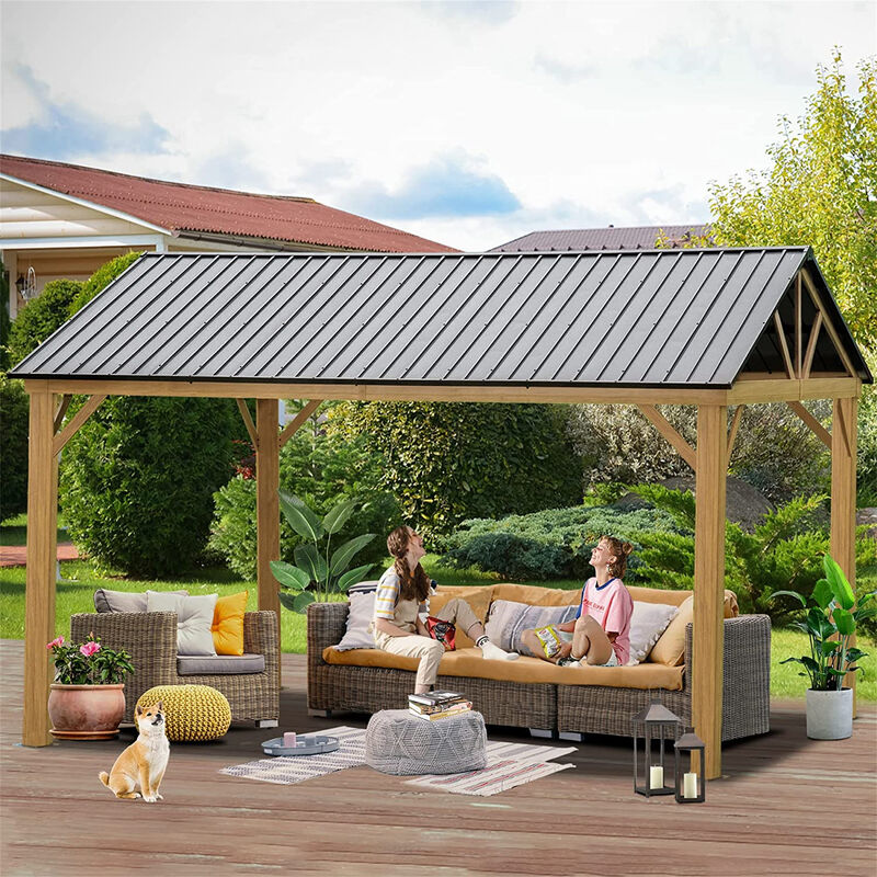 MONDAWE 12x14ft Hardtop Gazebo Outdoor Aluminum Gazebo with Galvanized Steel Gable Canopy for Patio Decks Backyard (Yellow-Brown)