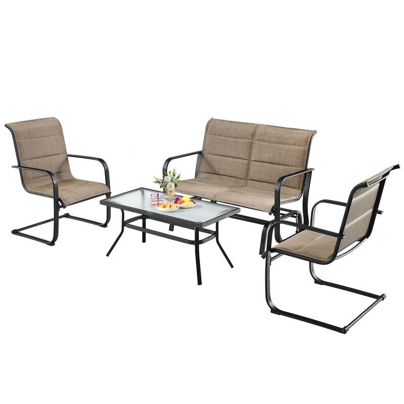 4 Pieces Outdoor Patio Conversation Sets with Padded Glider Loveseat and Coffee Table