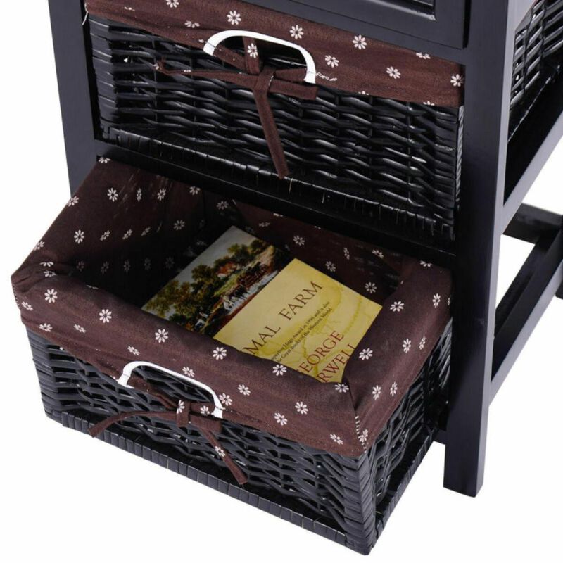 Hivvago 3 Tiers Wooden Storage Nightstand with 2 Baskets and 1 Drawer-black