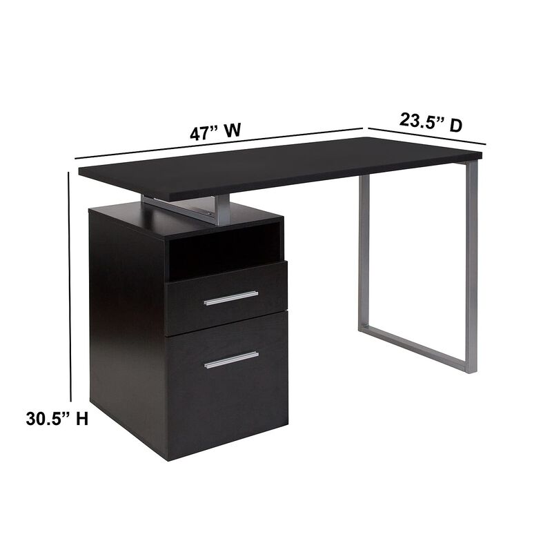 Flash Furniture Harwood Dark Ash Wood Grain Finish Computer Desk with Two Drawers and Silver Metal Frame