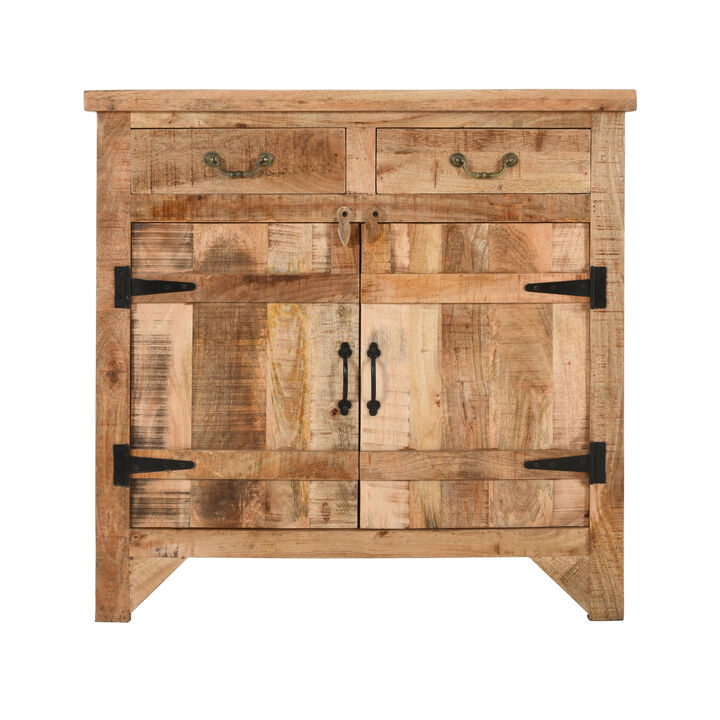 39 Inch Artisanal Farmhouse Style 2 Drawer Mango Wood Cabinet Console with 2 Door Storage, Rustic Brown - Benzara