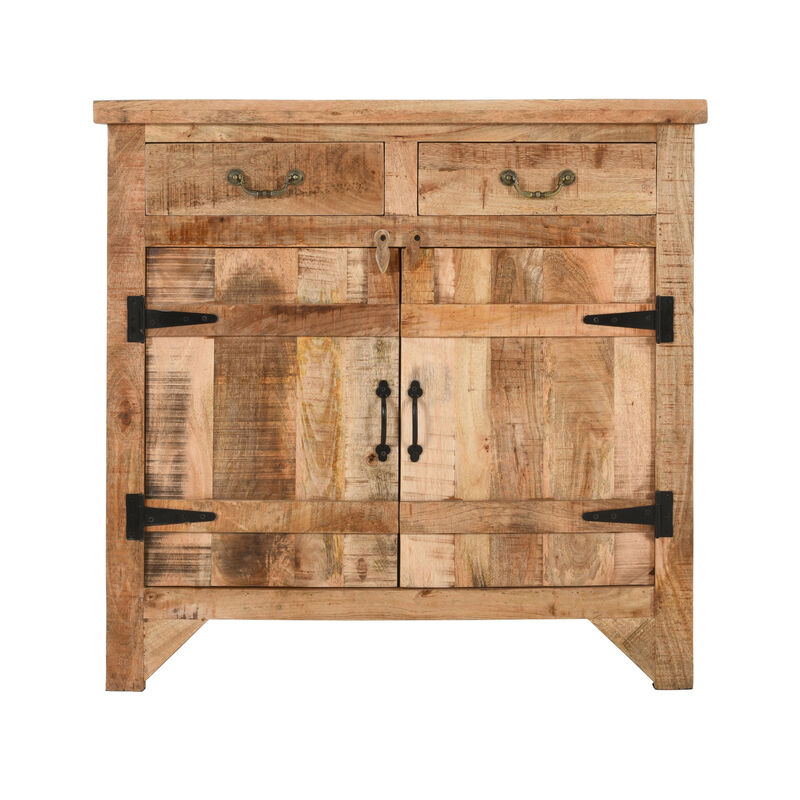 39 Inch Artisanal Farmhouse Style 2 Drawer Mango Wood Cabinet Console with 2 Door Storage, Rustic Brown - Benzara
