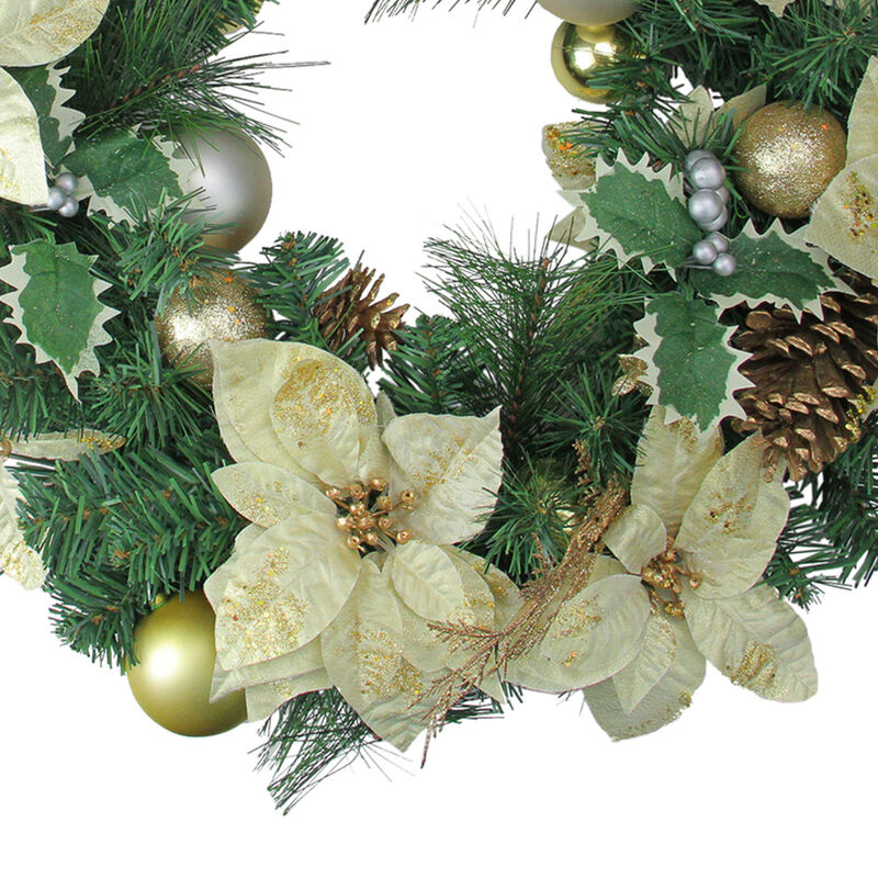 White Poinsettia and Pine Cone Artificial Christmas Wreath - 24-Inch  Unlit