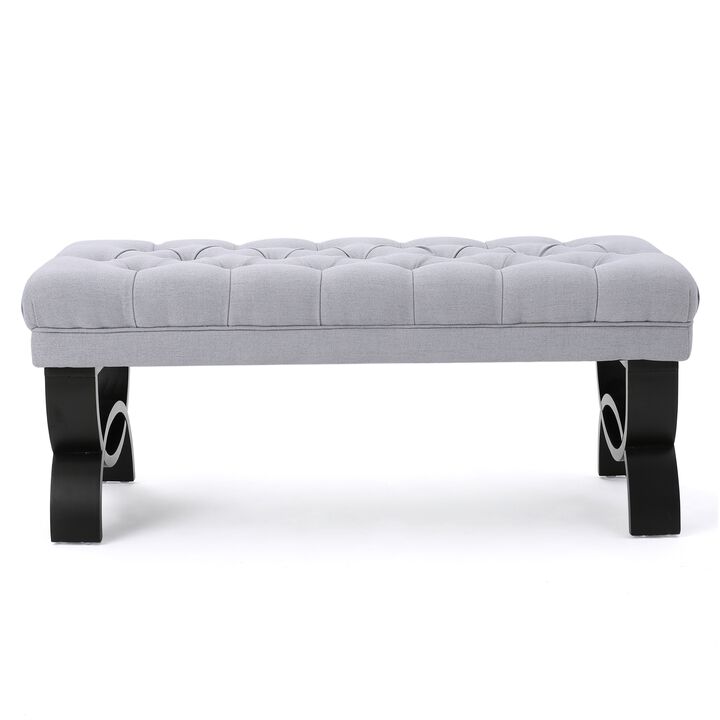 Riam Ottoman Bench, 41 Inch, Button Tufted, Rounded Birch Wood Legs - Benzara