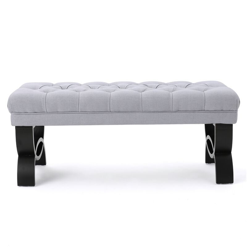Riam Ottoman Bench, 41 Inch, Button Tufted, Rounded Birch Wood Legs - Benzara