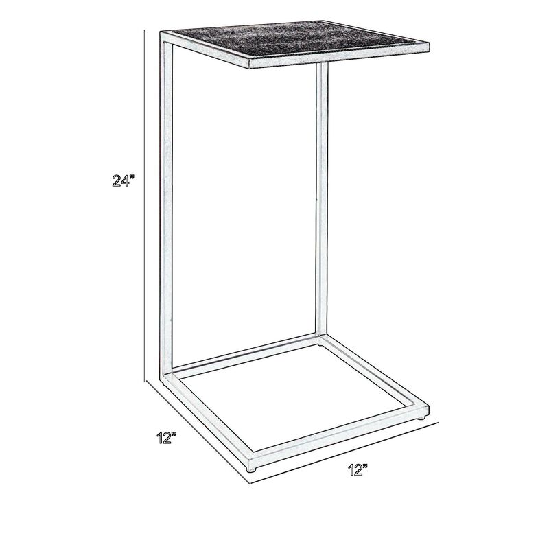 24 Inch Accent Table, Open C Shape, Gray Shagreen Top, Antique Black - Benzara