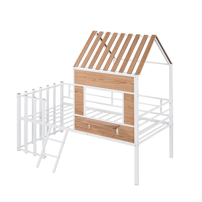 Metal Twin Size Loft Bed With Roof, Window, Guardrail, Ladder
