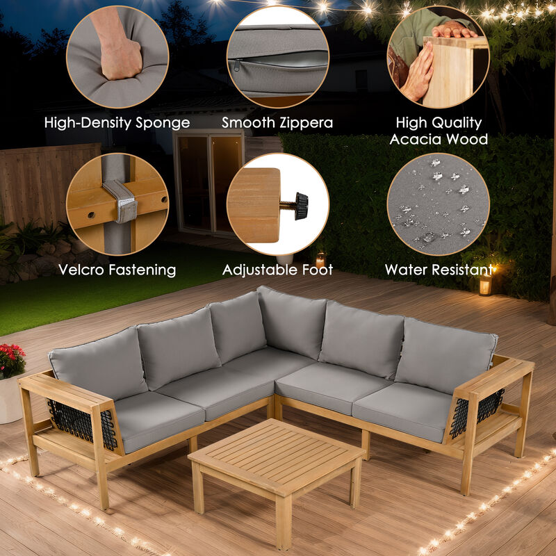 Whisen 4-Piece Acacia Wood Outdoor L-Shaped Sofa Set with Woven Mesh Armrests and Coffee Table