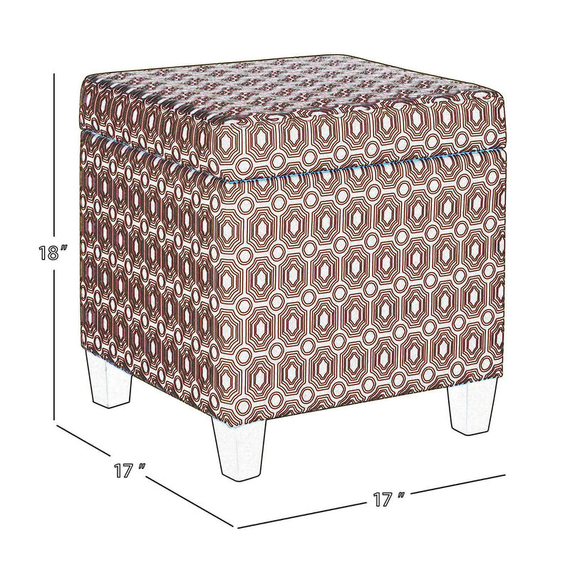 Geometric Patterned Square Wooden Ottoman with Lift Off Lid Storage, Orange and Cream - Benzara