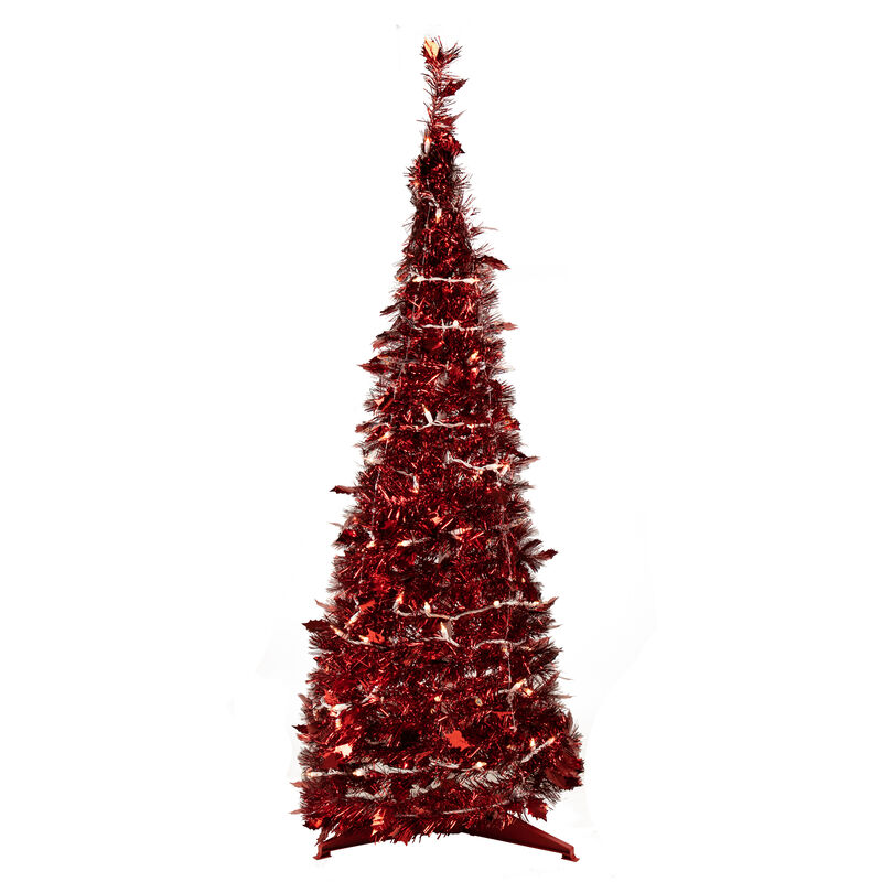 4' Pre-Lit Red Pop-Up Tinsel Christmas Tree  Clear Lights