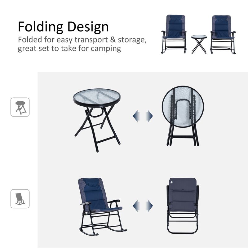 Blue Patio Conversation Set: 3-Piece Rocking Chairs with Glass Table