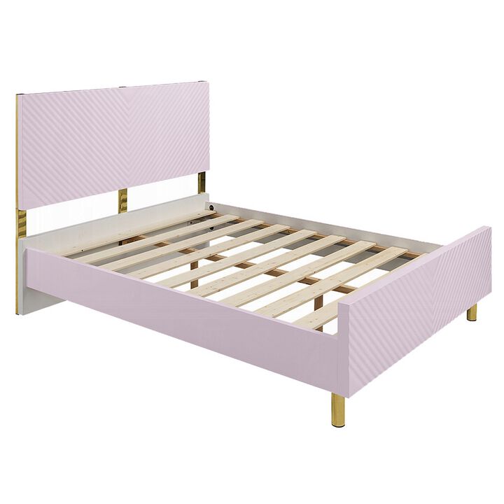 Tyra Full Size Bed, Sleek Panel Headboard, Gloss Pink Chevron Pattern - Benzara