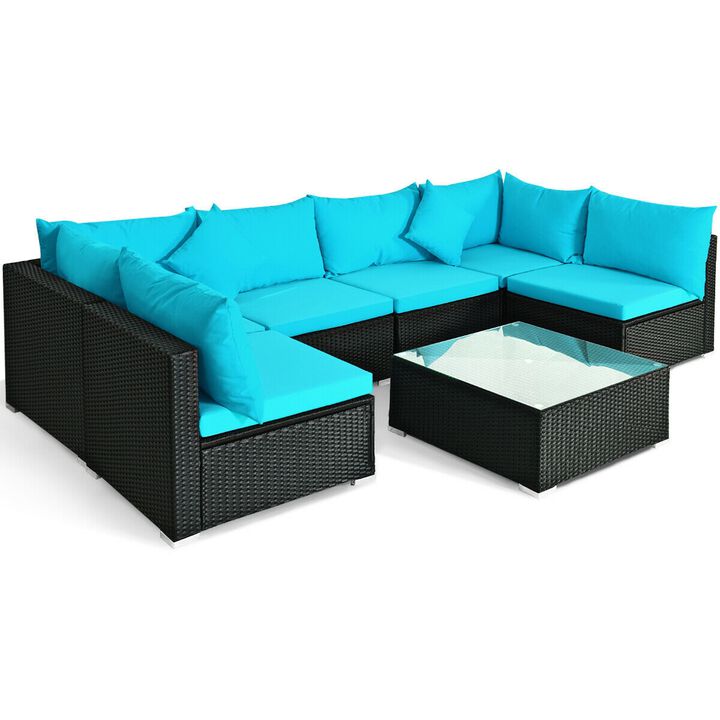 7 Pieces Sectional Wicker Furniture Sofa Set with Tempered Glass Top-Blue