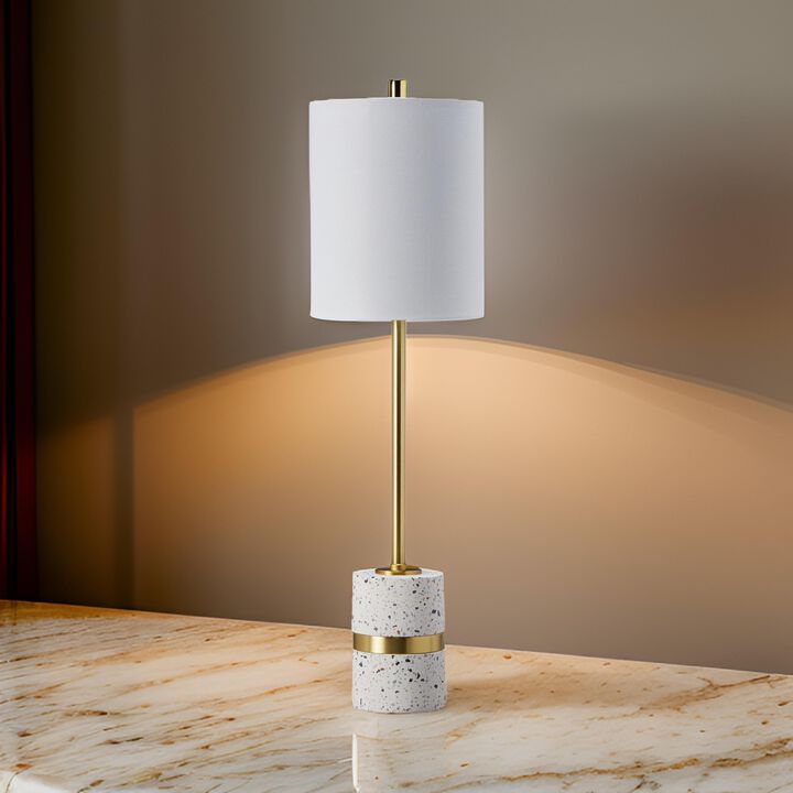 Joen 31 Inch Modern Table Lamp, Round White Terrazzo Base, Gold Brass Metal - Benzara