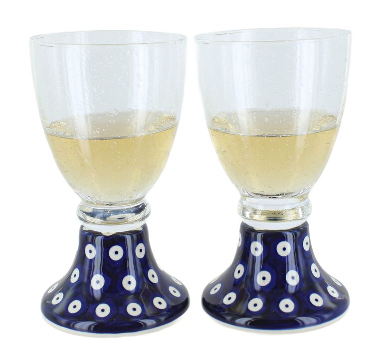 Blue Rose Polish Pottery Small Dots 2 Piece Wine Glass Set