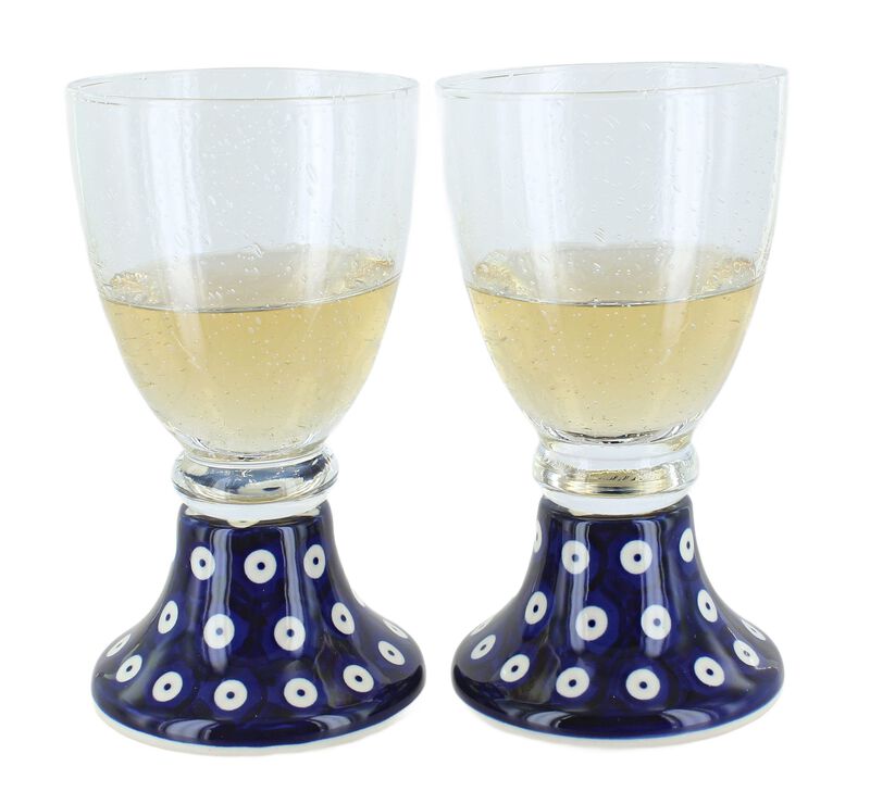 Blue Rose Polish Pottery Small Dots 2 Piece Wine Glass Set