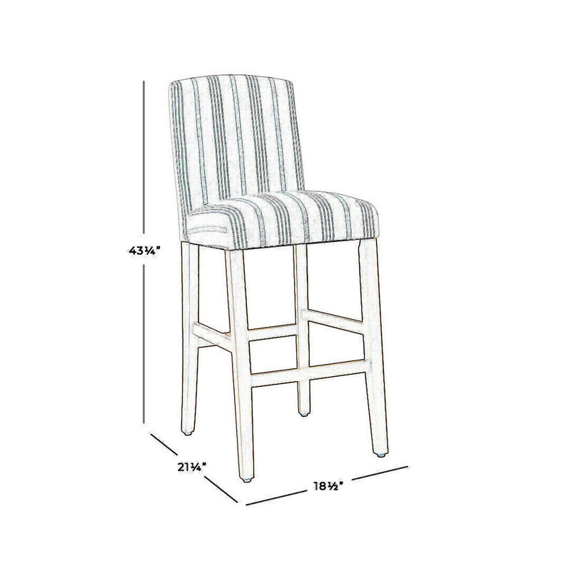 Fabric Upholstered Wooden Barstool with Striped Cushioned Seat, White and Blue - Benzara