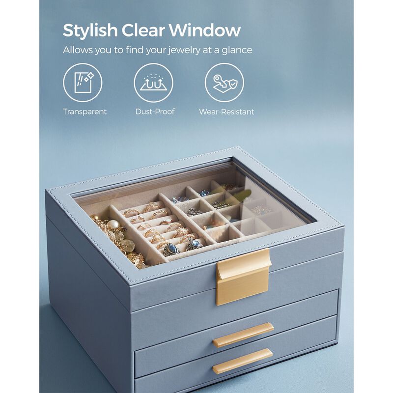 3-Layer Jewelry Box with Glass Lid and 2 Drawers - Perfect Gift for Loved Ones