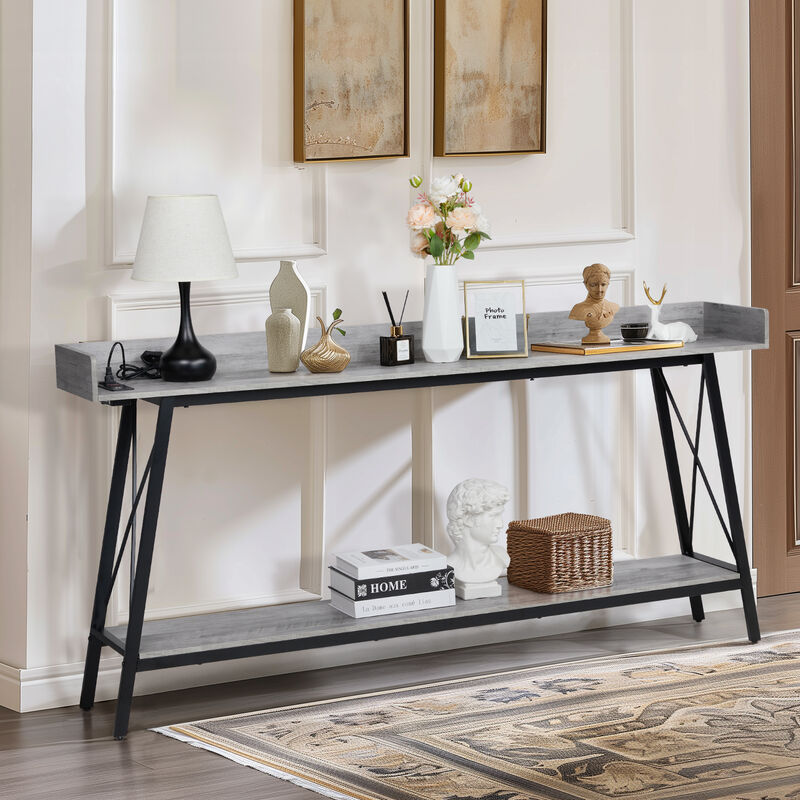 Extra Long Console Table Sofa Table with 2 Power Outlets & USB Ports for Charging & Storage