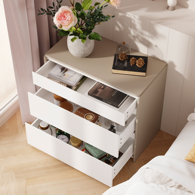 FUFU&GAGA Modern Nightstand with 3 Drawers, P2 MDF, Leather Drawers (31.5" W x 27.6" H x 15.7" D), White and Gray