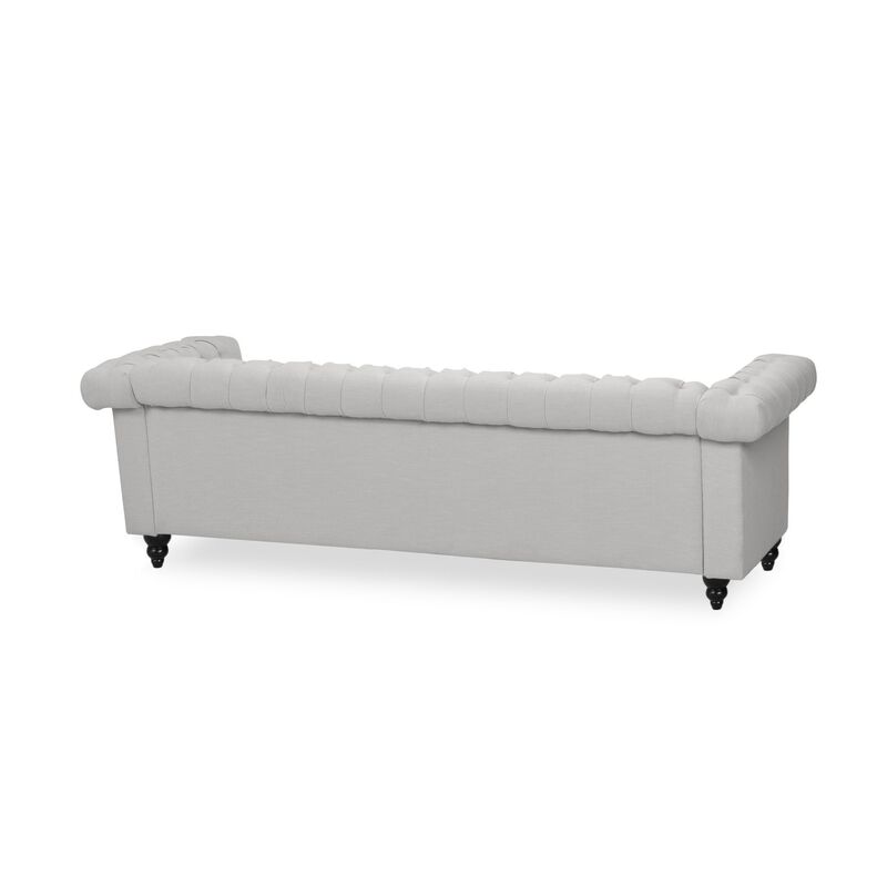 Sofa, 3 Seater, Button Tufted Gray Fabric, 83 Inch, Flared Rolled Arms - Benzara