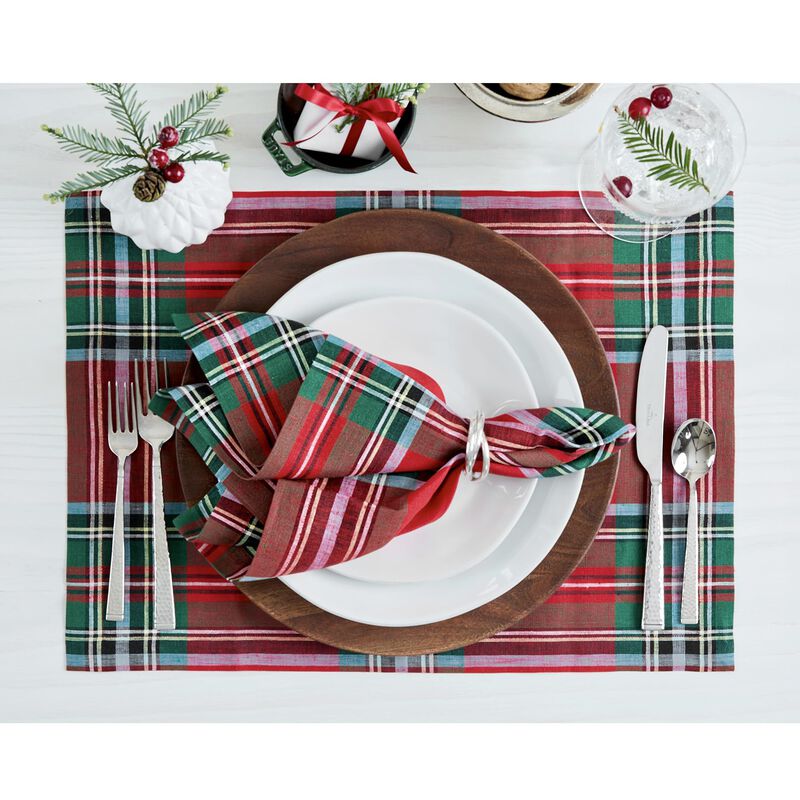 Solino Home 100% Pure Linen Placemats 14 x 19 Inch Set of 4 |Madras Holiday Plaid