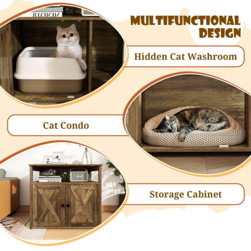 Hivvago Cat Litter Box Enclosure with Double Barn Doors  Divider  Side Entry and Storage Shelf