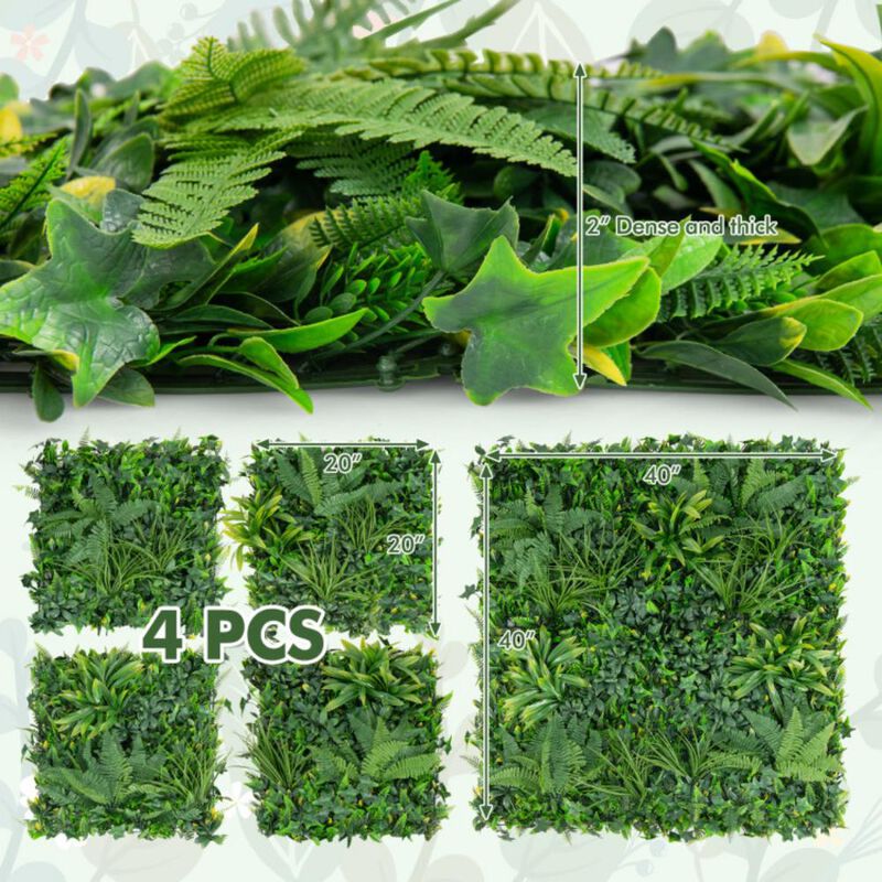 Hivvago 4 Pieces 20 x 20 Inch Artificial Hedge Boxwood Panels with Diverse Leaves