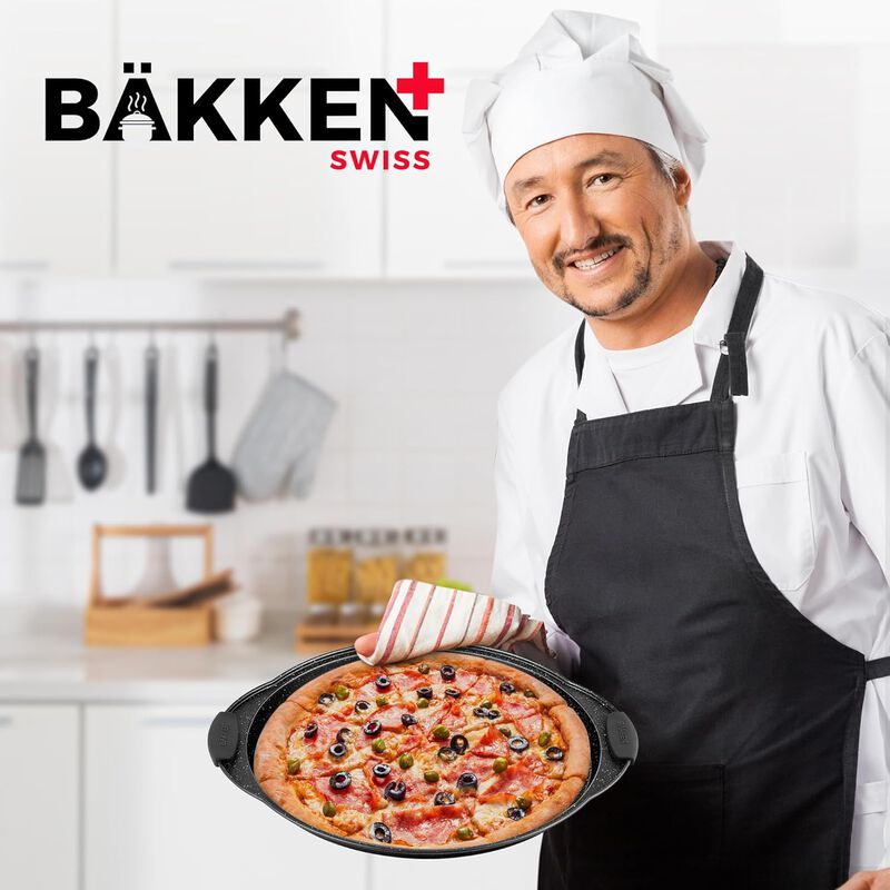 Bakken Pizza Baking Pan - Round Perforated Carbon Steel Pan with Non-Stick Marble Coating, Dishwasher Safe, High-Temperature Resistant, Durable & Easy Cleanup