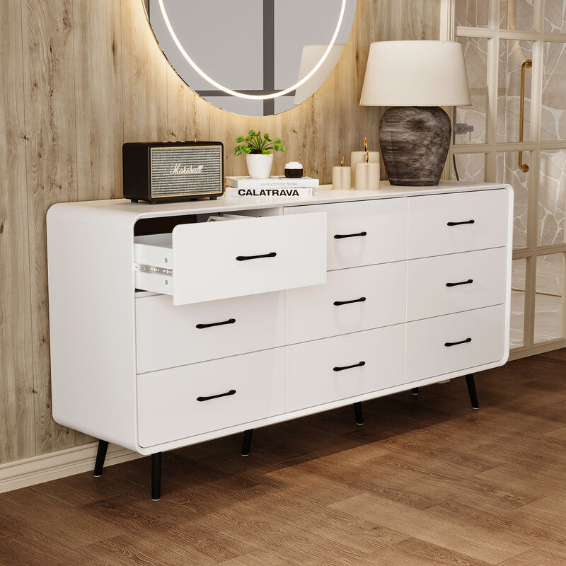 FUFU&GAGA Modern 9-Drawer Dresser, White Storage Dresser with Black Handles & Legs, Wooden Chest of Drawers, (63" W x 30.7" H x 15.7" D),White