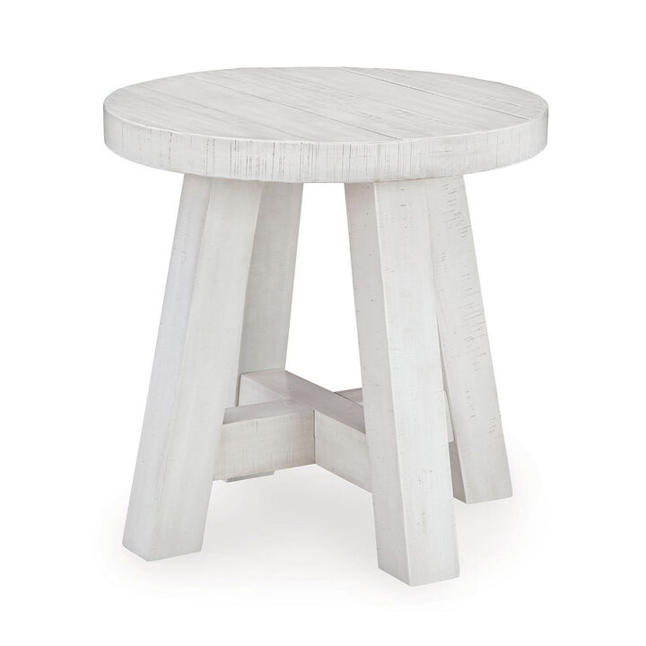 Linie Round Side End Table, Rustic Posts, 24 Inch White Pine Wood - Benzara