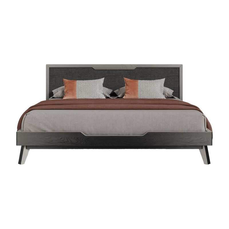 Kiran Queen Size Platform Bed, Gray Upholstered Headboard, Wood Frame - Benzara