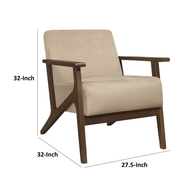 Rica 32 Inch Accent Armchair, Soft Beige Velvet, Walnut Brown Solid Wood - Benzara