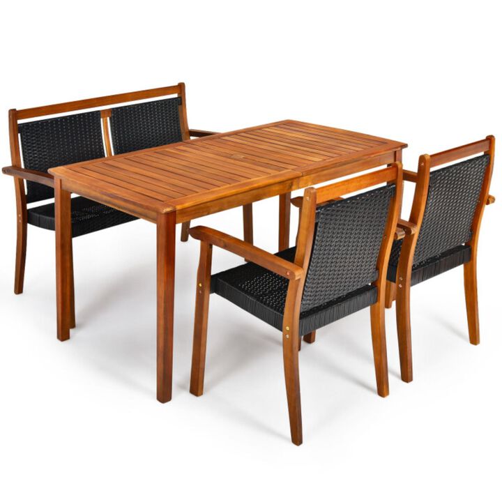 Hivvago 4 Pieces Acacia Wood Patio Rattan Dining Furniture Set