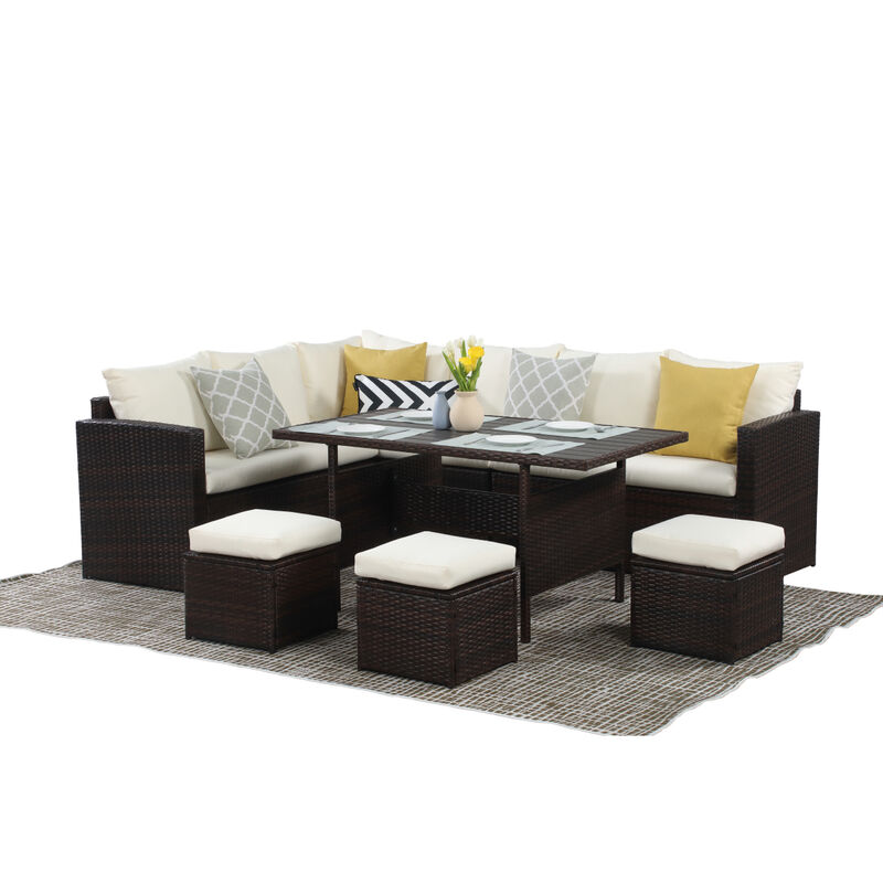 7-Pieces PE Rattan Wicker Patio Dining Sectional Cusions Sofa Set With Ivory Cushions