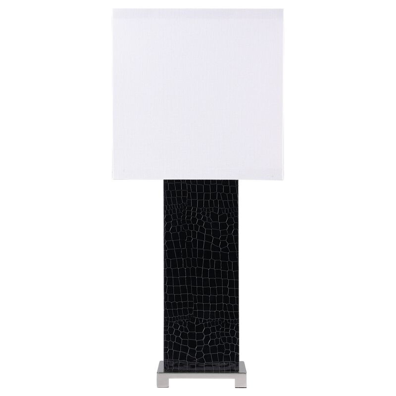 25 Inch Table Lamp, Square White Shade, Modern Black Crocodile Pattern Base - Benzara