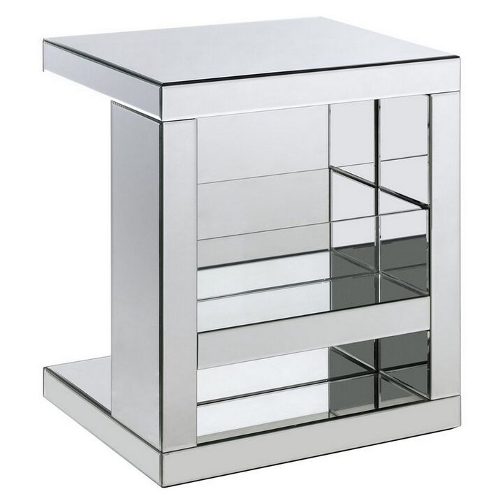 Accent Table with Mirrored Panels and C Shape, Silver-Benzara