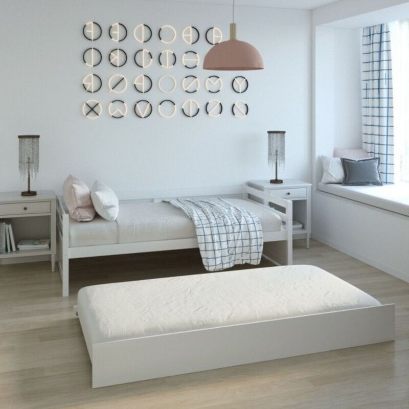 QuikFurn Twin/Twin Dorm Style Trundle Daybed Platform Bed Frame in White