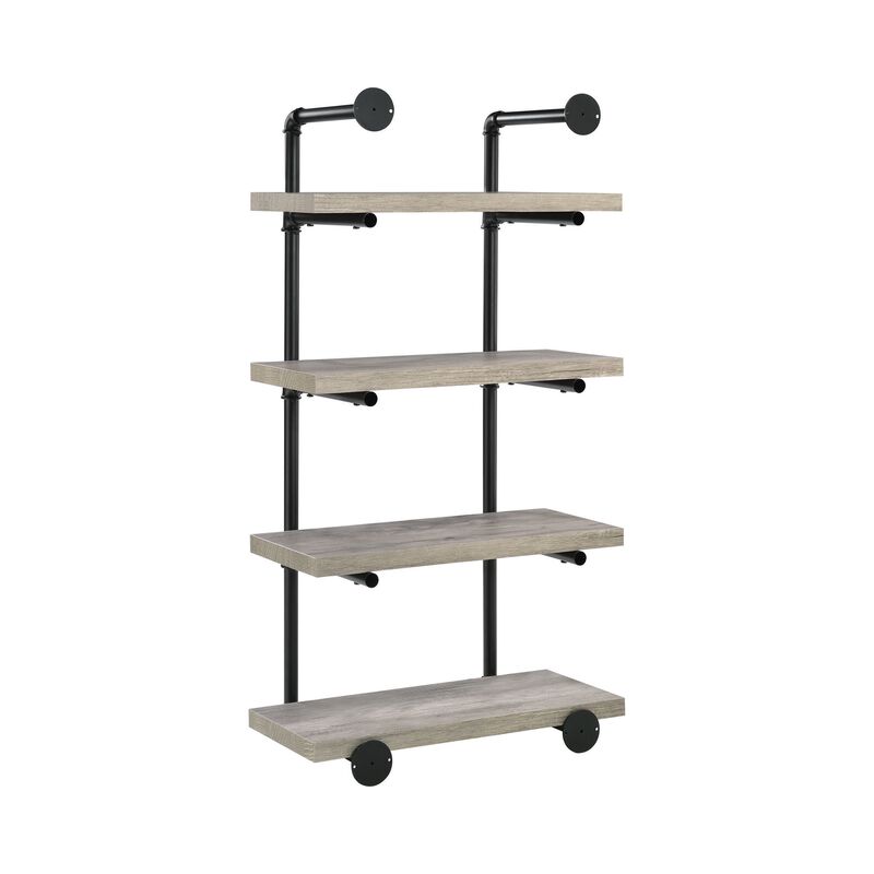 24 Inches 4 Tier Wood and Metal Wall Shelf, Gray and Black-Benzara
