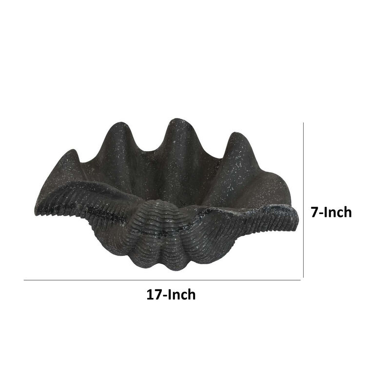 17 Inch Decorative Resin Shell, Smooth Curved Design, Textured Black - Benzara